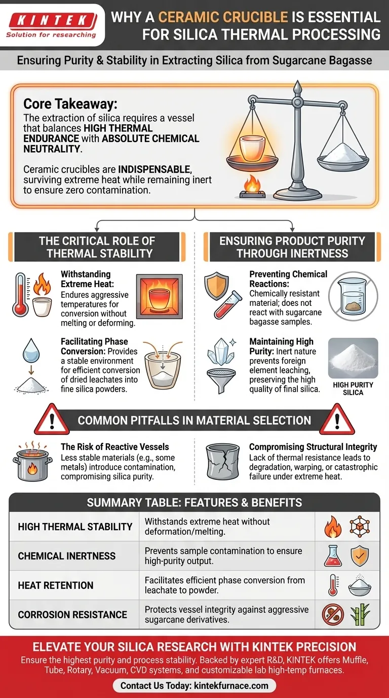 ¿Por qué es necesario un crisol de cerámica para el procesamiento térmico de la sílice extraída de la bagaza de caña de azúcar? Guía Visual