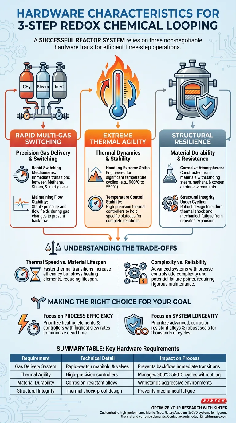 화학 루핑에서 3단계 산화환원 공정을 지원하기 위해 반응기 시스템에 필요한 하드웨어 특성은 무엇인가요? 시각적 가이드