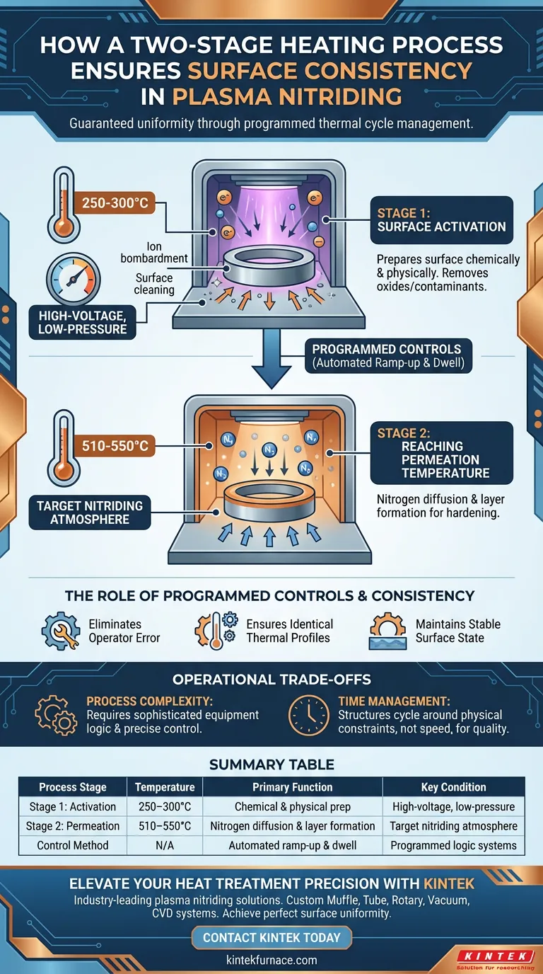 ¿Cómo se implementa un proceso de calentamiento en dos etapas en equipos de nitruración por plasma? Domine la consistencia de la superficie Guía Visual