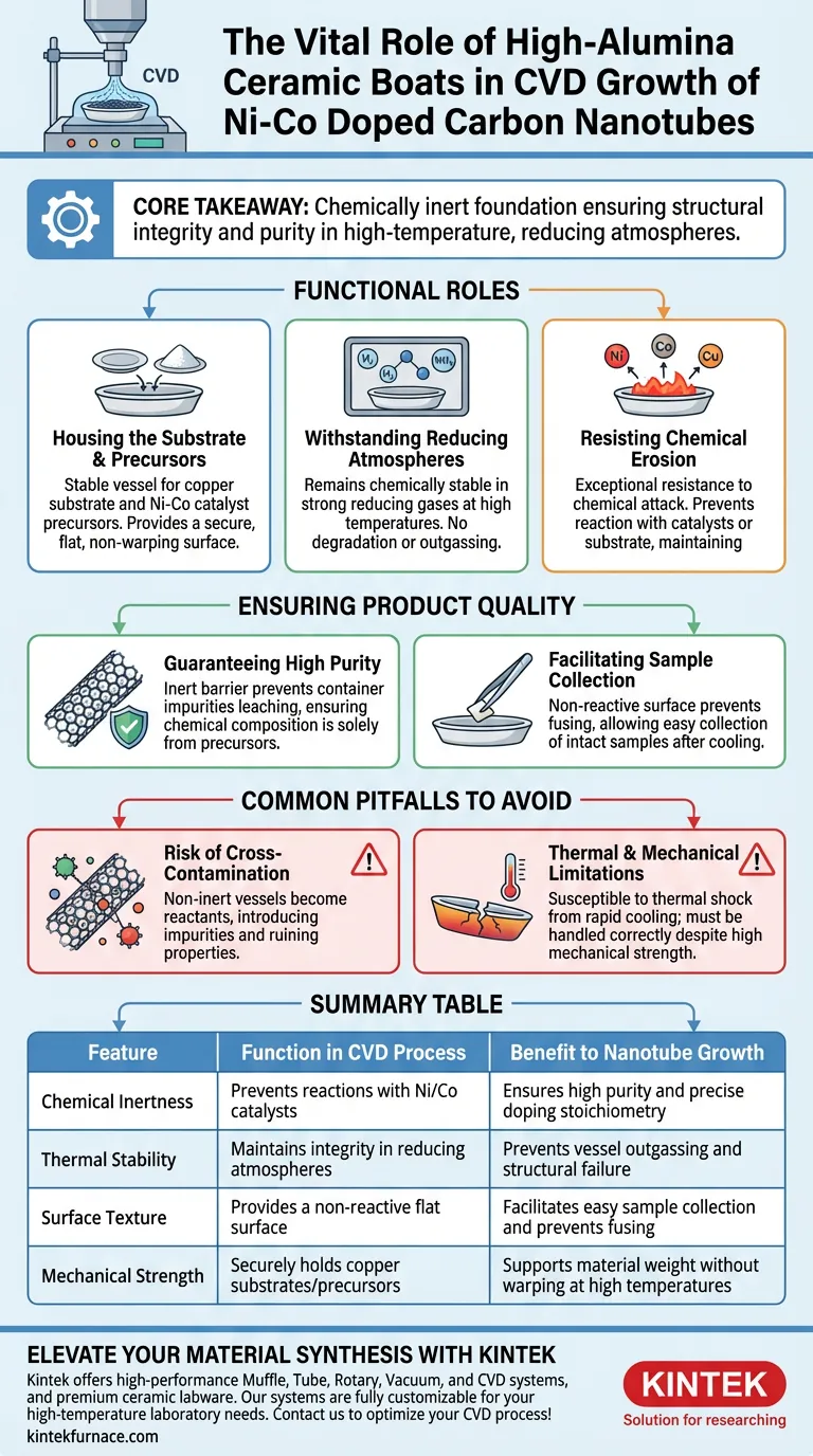 ¿Qué papel juega un crisol cerámico de alto contenido de alúmina durante el crecimiento de nanotubos de carbono dopados con Ni-Co? Perspectivas clave de la síntesis CVD Guía Visual