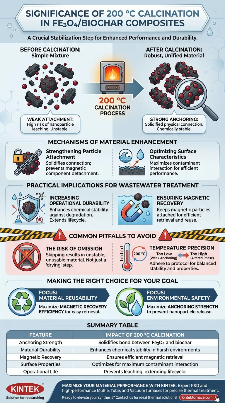 Qual é a importância da calcinação a 200 °C para Fe3O4/biochar? Aprimorando a Estabilidade e a Recuperação Magnética Guia Visual