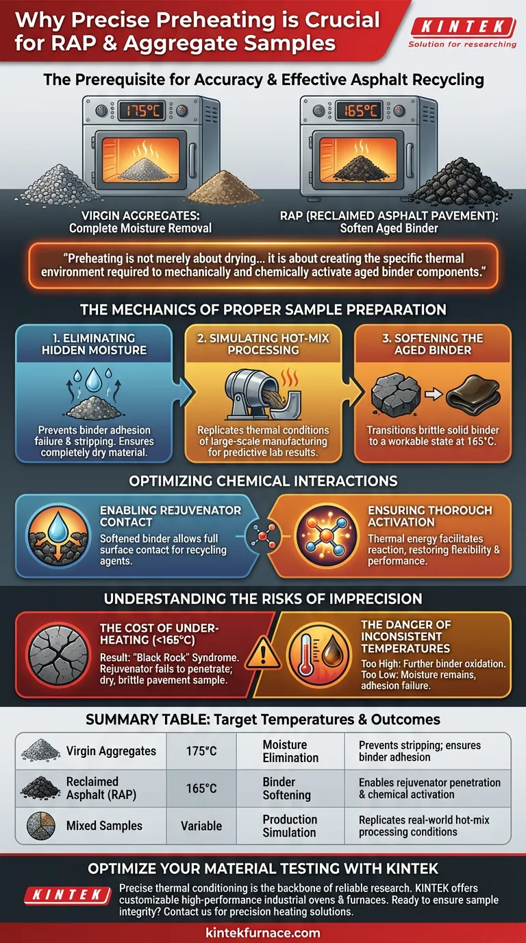 لماذا يعتبر التسخين المسبق الدقيق في فرن صناعي ضروريًا للأسفلت المعاد تدويره (RAP)؟ ضمان التوصيف الدقيق وإعادة التدوير دليل مرئي