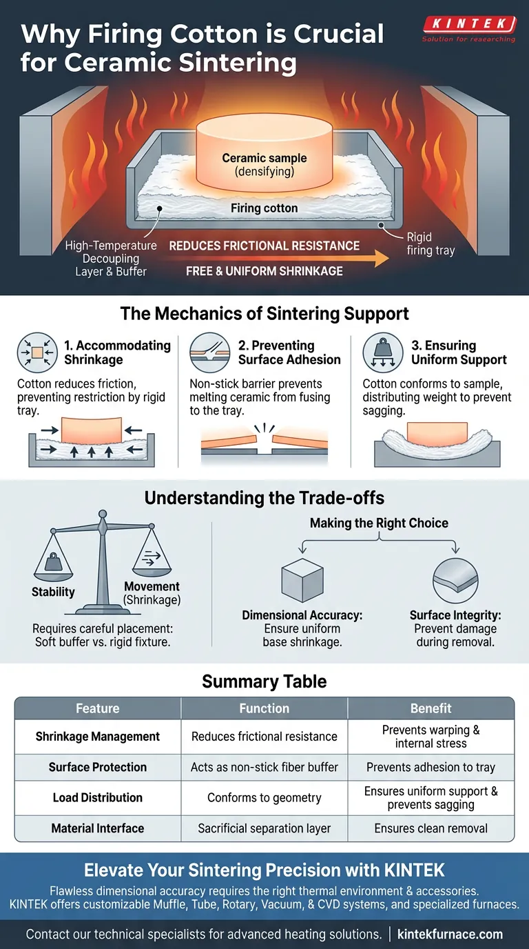¿Por qué se utiliza algodón de alta temperatura como amortiguación entre la muestra de cerámica y la bandeja durante la sinterización? Evitar la distorsión Guía Visual
