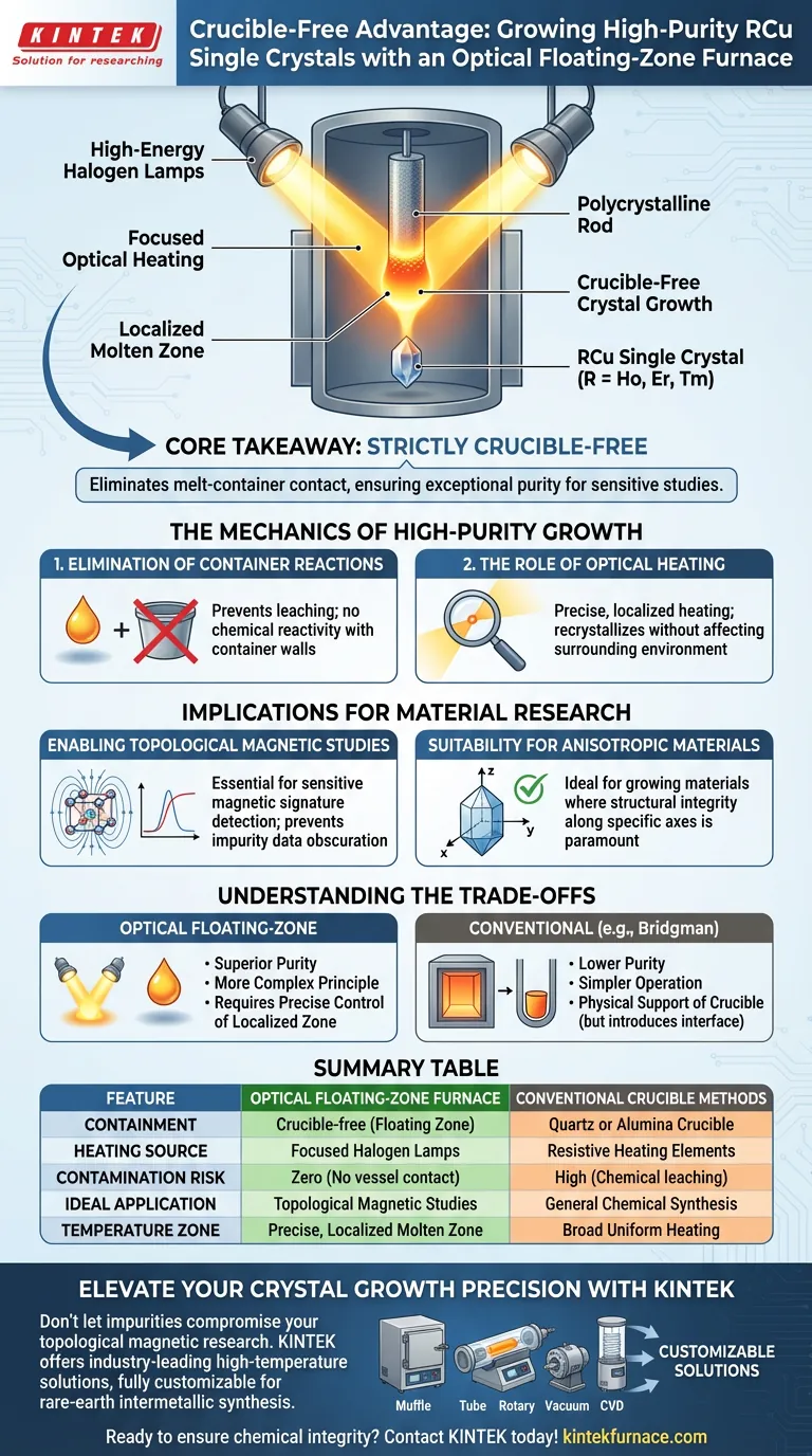 ¿Cuáles son las ventajas de usar un horno de zona flotante óptica para el crecimiento de la serie RCu? Lograr un crecimiento de alta pureza Guía Visual