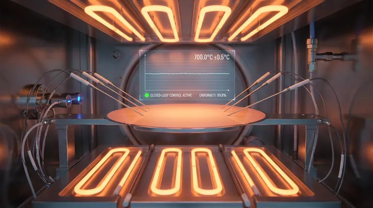 ¿Cómo influyen los termopares de alta precisión y los sistemas de control de bucle cerrado en la uniformidad de la película de siliciuro de níquel?