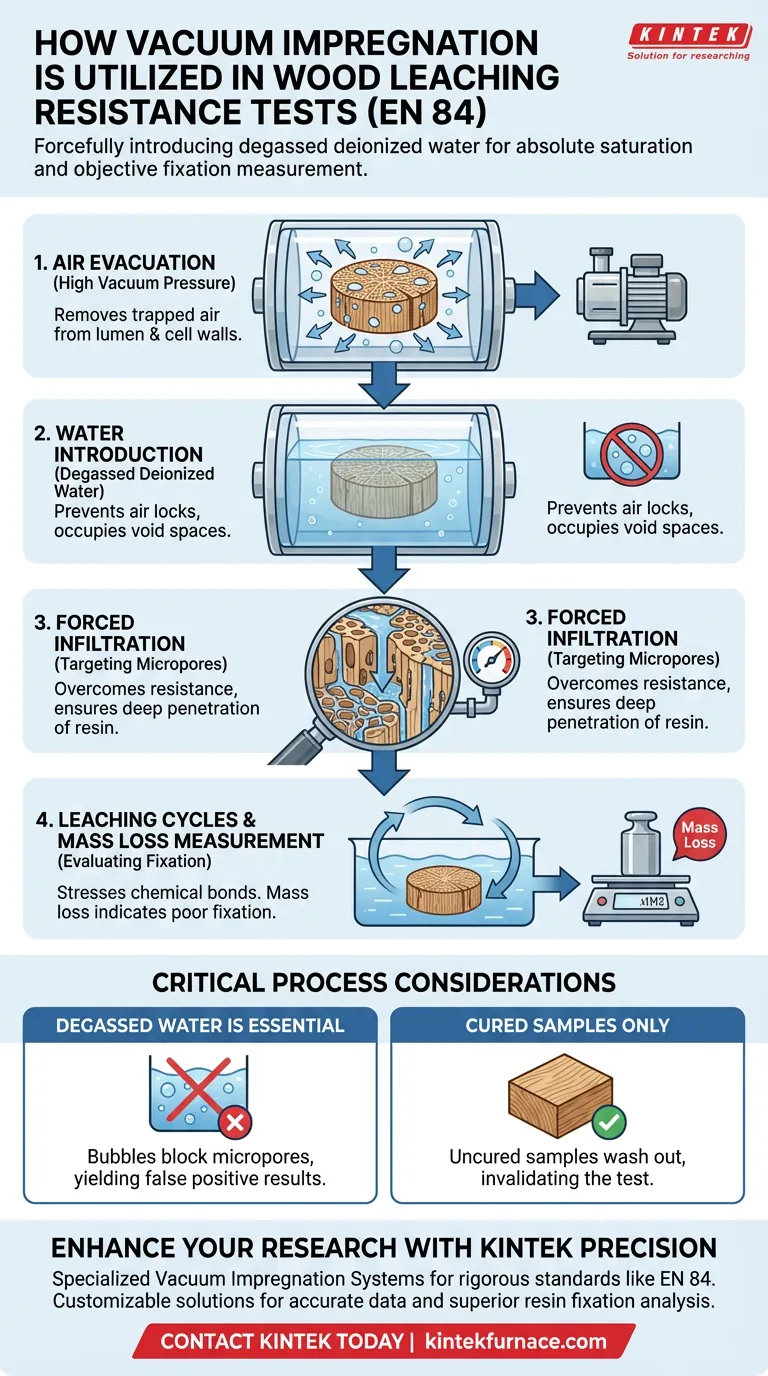 ¿Cómo se utiliza un sistema de impregnación al vacío durante las pruebas de resistencia a la lixiviación de la madera? Lograr la saturación completa para la norma EN 84 Guía Visual