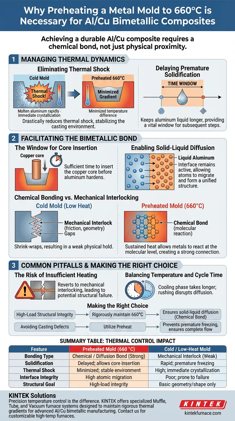 Por que o pré-aquecimento de um molde metálico a 660 °C é necessário para compósitos bimétalicos Al/Cu? Desbloqueie uma forte ligação química Guia Visual