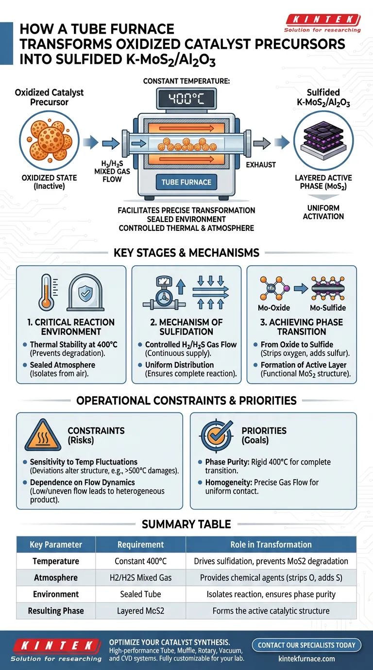 ¿Cómo se utiliza un horno tubular para transformar precursores de catalizador oxidados en K-MoS2/Al2O3 sulfurados? Activación precisa Guía Visual