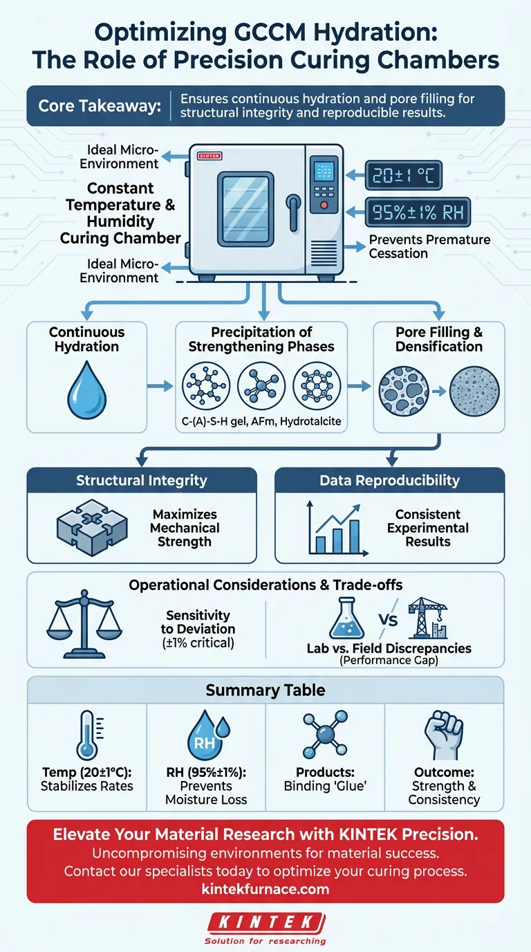 ¿Cómo contribuye una cámara de curado a temperatura y humedad constantes a la hidratación del GCCM? Optimizar la resistencia del material Guía Visual