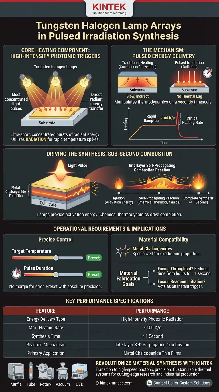 Como os arrays de lâmpadas de halogênio de tungstênio funcionam na síntese de filmes termelétricos? Desbloqueie velocidades de produção sub-segundo Guia Visual