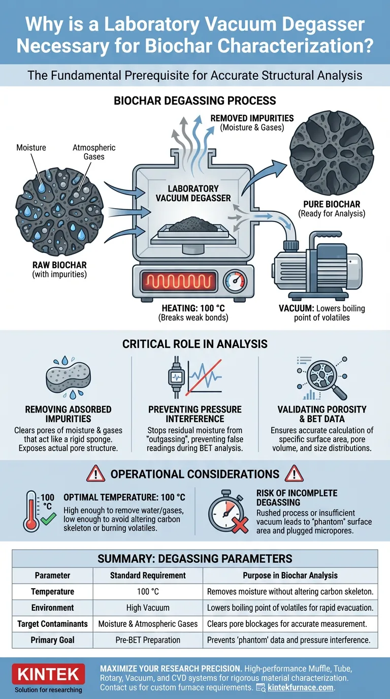 Why is a laboratory vacuum degasser necessary for biochar? Ensure Accurate BET Structural Characterization Visual Guide