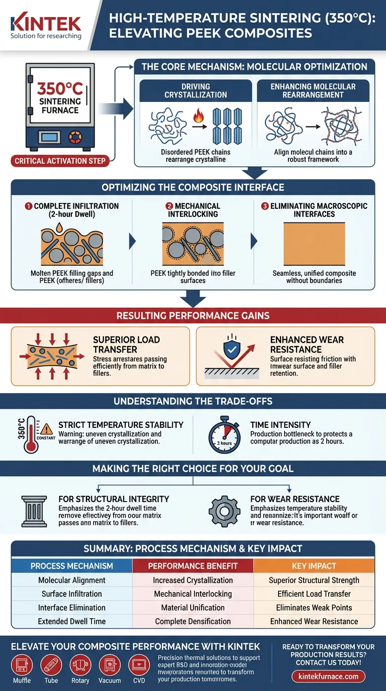 Quais são os benefícios de usar um forno de sinterização de alta temperatura a 350°C para PEEK? Maximizando o desempenho do compósito Guia Visual