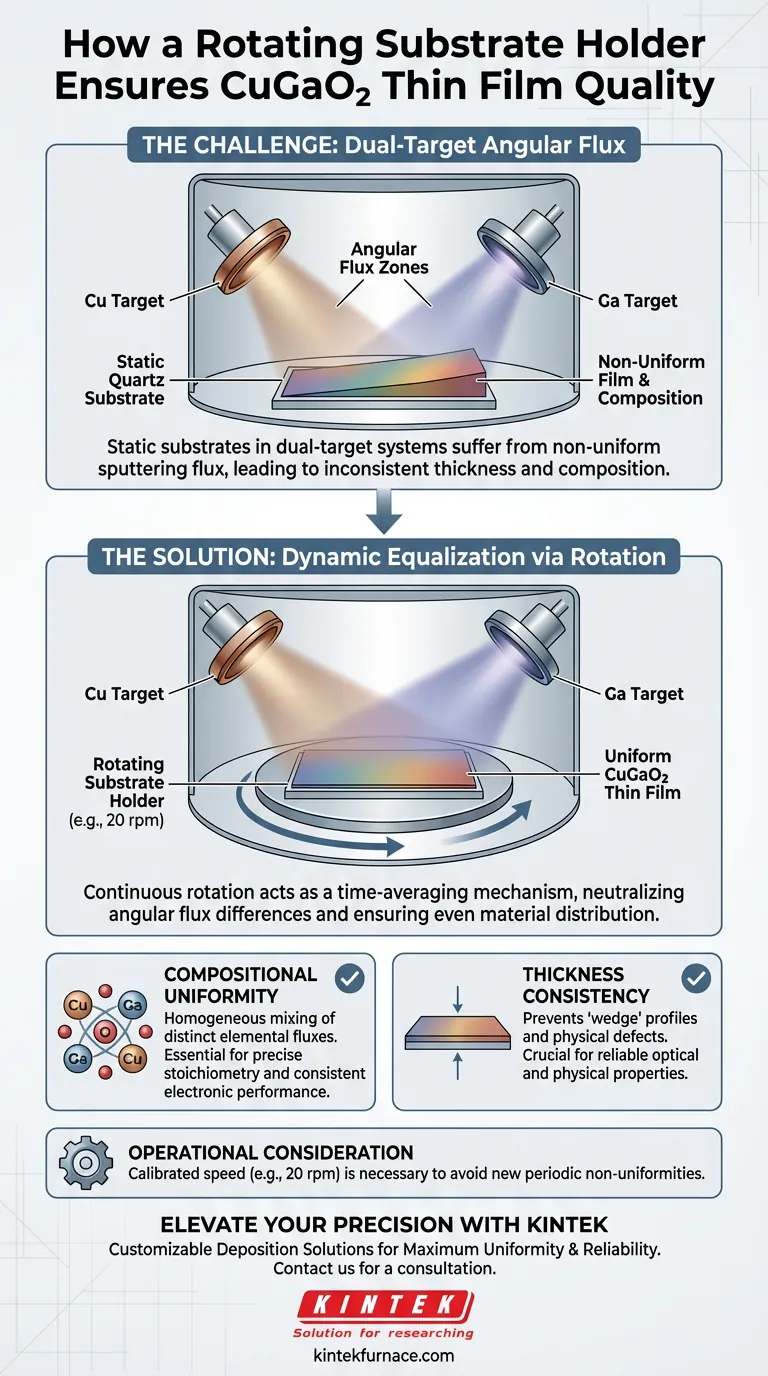 How does a rotating substrate holder contribute to the quality of CuGaO2 thin films? Achieve Uniformity in Sputtering Visual Guide