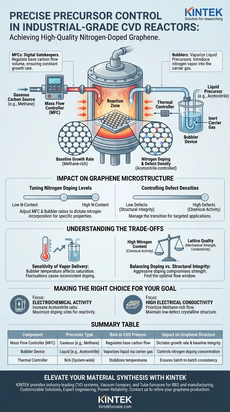 Come fanno i reattori CVD sottovuoto di grado industriale a ottenere un controllo preciso dei precursori? Padroneggiare la crescita del grafene drogato con azoto Guida Visiva