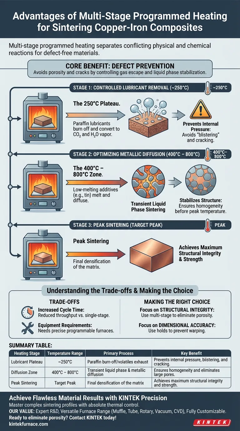 Quels sont les avantages de l'utilisation du chauffage programmé multi-étapes pour le frittage cuivre-fer ? Améliorer l'intégrité des matériaux Guide Visuel