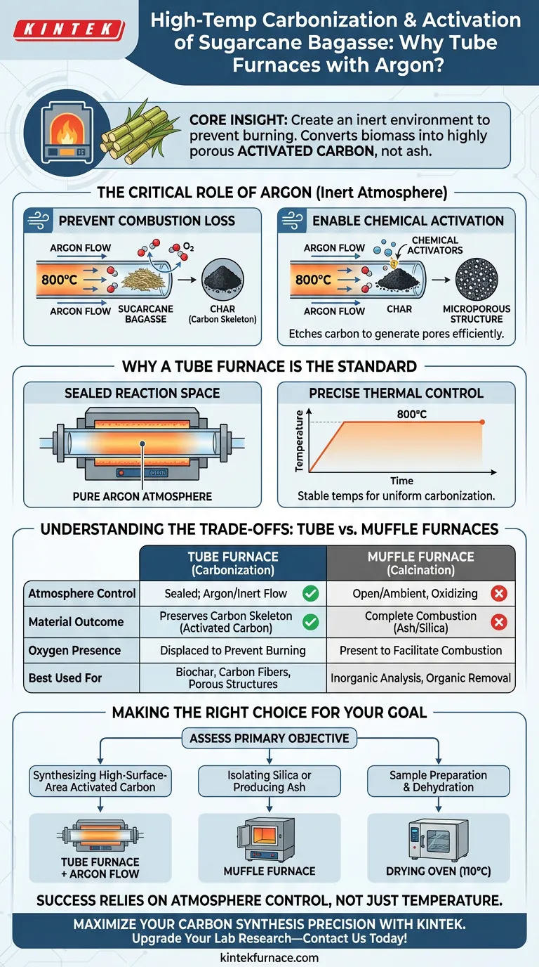 ¿Por qué la carbonización y activación a alta temperatura del bagazo de caña de azúcar se realizan típicamente en un horno tubular? Guía Visual