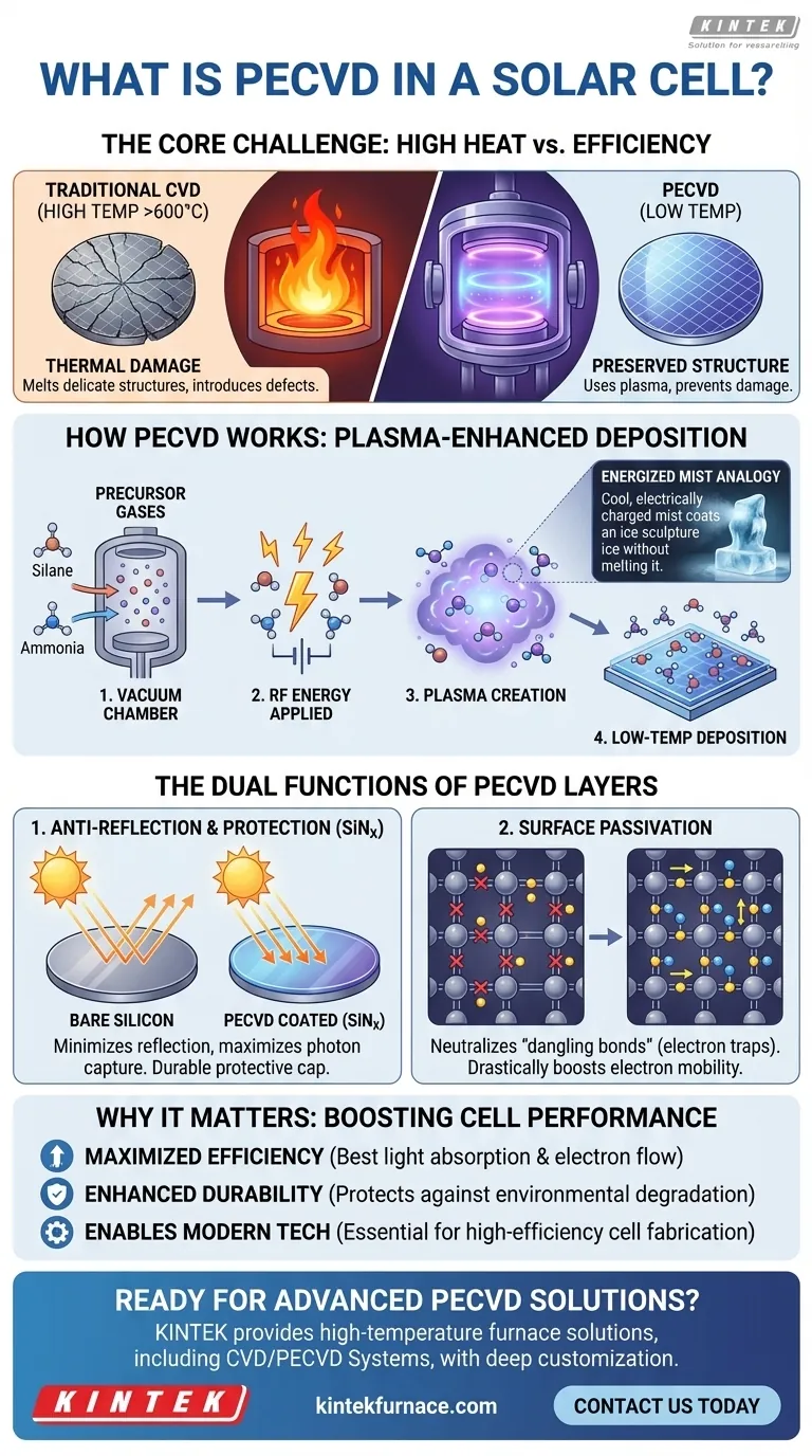 ما هو PECVD في الخلية الشمسية؟ أطلق العنان لكفاءة أعلى مع ترسيب الأغشية في درجات حرارة منخفضة دليل مرئي