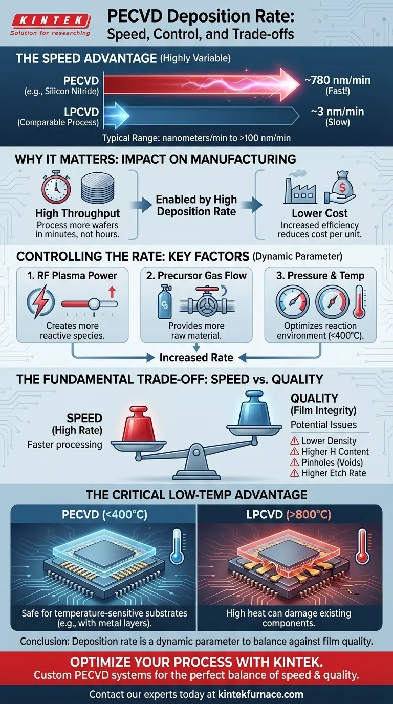 Wie hoch ist die Abscheiderate von PECVD? Erschließen Sie die Hochgeschwindigkeits-Dünnschichtabscheidung bei niedrigen Temperaturen Visuelle Anleitung