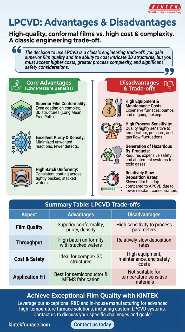 ما هي مزايا وعيوب الترسيب الكيميائي للبخار منخفض الضغط (LPCVD)؟ افتح جودة فيلم فائقة للتطبيقات المعقدة دليل مرئي