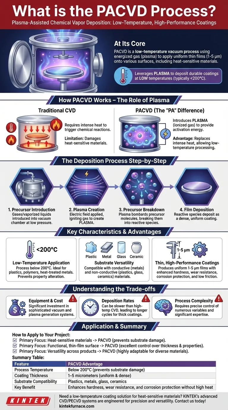 ما هي عملية الترسيب الكيميائي للبخار المعزز بالبلازما (PACVD)؟ طلاء بدرجة حرارة منخفضة للمواد الحساسة للحرارة دليل مرئي