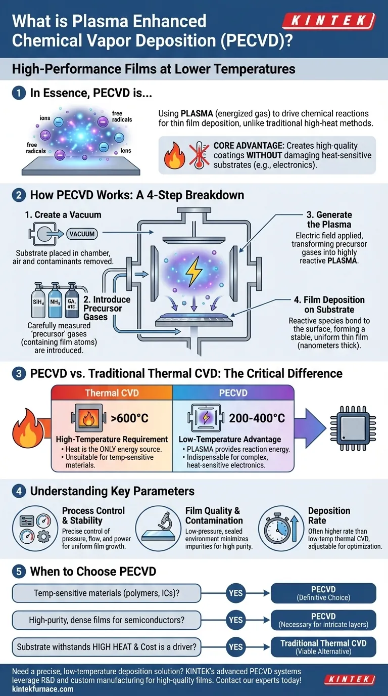 ما هي عملية الترسيب الكيميائي للبخار المعزز بالبلازما؟ تحقيق أغشية رقيقة عالية الجودة في درجات حرارة منخفضة دليل مرئي