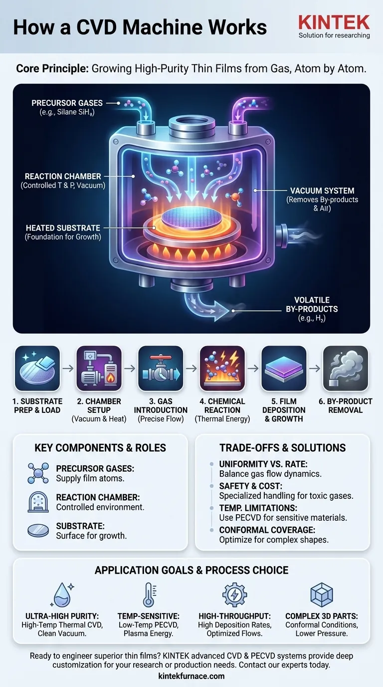 كيف تعمل آلة الترسيب الكيميائي للبخار (CVD)؟ أتقن التكنولوجيا لترسيب الأغشية الرقيقة عالية الجودة دليل مرئي
