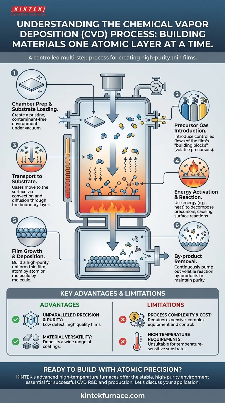 ما هي الخطوات المتضمنة في عملية الترسيب الكيميائي للبخار (CVD)؟ إتقان ترسيب الأغشية الرقيقة على المستوى الذري دليل مرئي