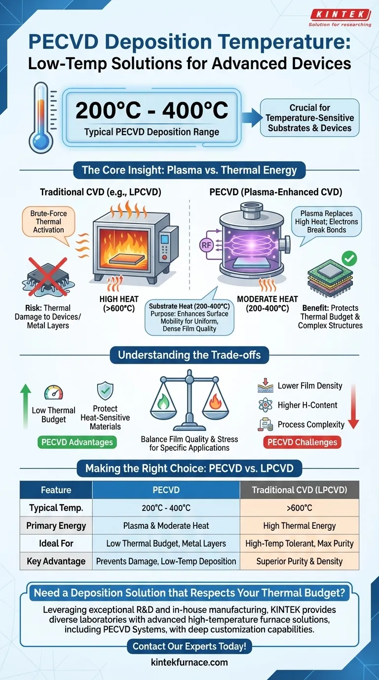 Was ist die Abscheidungstemperatur bei PECVD? Erzielung von Niedertemperatur-Dünnschichten hoher Qualität Visuelle Anleitung