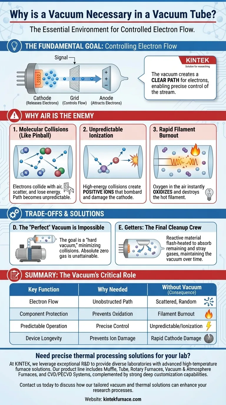 Why is it necessary to maintain a vacuum inside the tube? To Enable Controlled Electron Flow Visual Guide