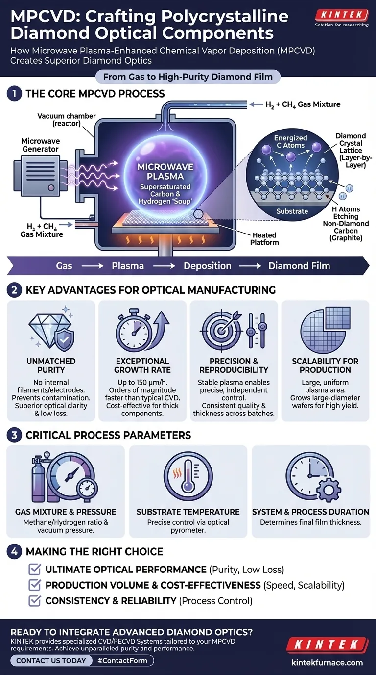 Wie wird MPCVD bei der Herstellung polykristalliner Diamant-Optikkomponenten eingesetzt? Erzielen Sie überlegene optische Leistung Visuelle Anleitung