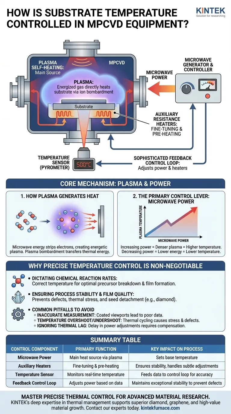 Como a temperatura do substrato é controlada no equipamento MPCVD? Obtenha Crescimento Superior de Diamantes e Cristais Guia Visual