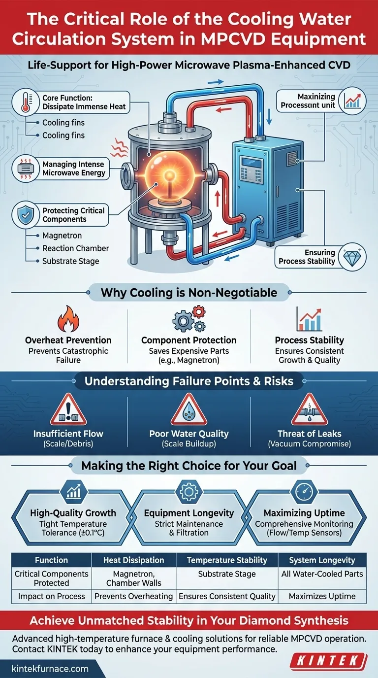 Qual é o papel do sistema de circulação de água de arrefecimento no equipamento MPCVD? Garantindo a Síntese Estável de Diamantes Guia Visual