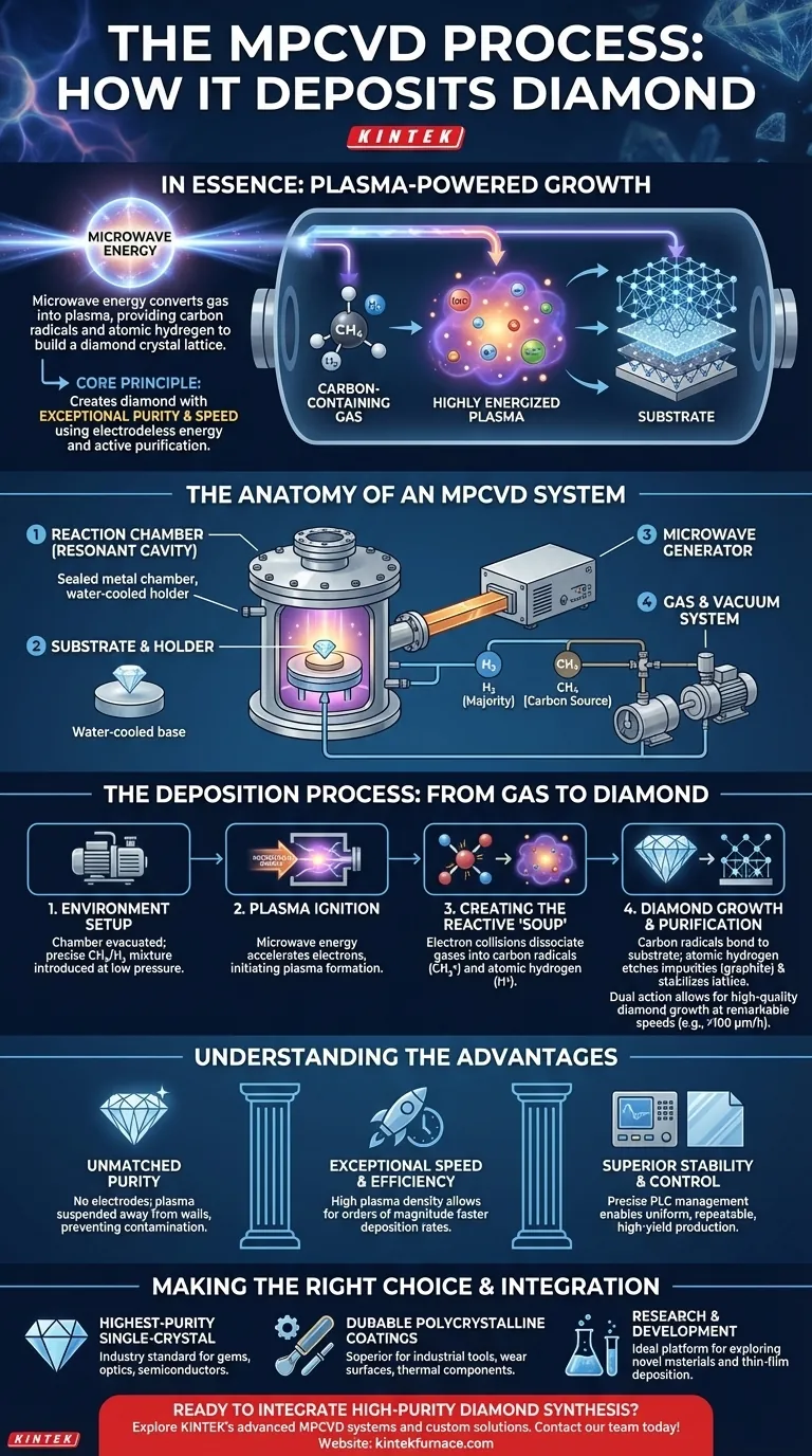 كيف تعمل عملية الترسيب الكيميائي للبخار بالبلازما الميكروويفية (MPCVD) لترسيب الماس؟ دليل لتخليق عالي النقاء دليل مرئي