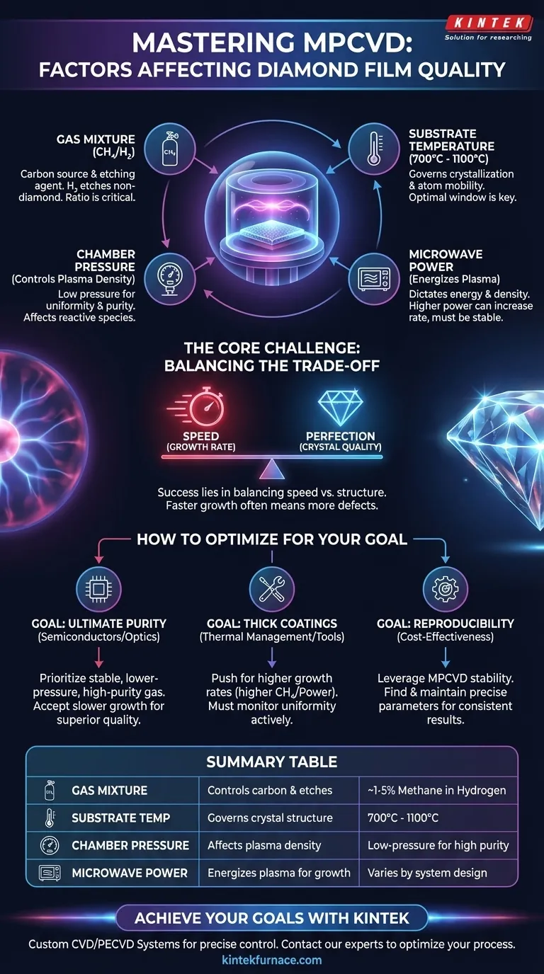 Quali fattori influenzano la qualità del film di diamante prodotto tramite MPCVD? Padroneggia i 4 Parametri Chiave per una Crescita Superiore Guida Visiva