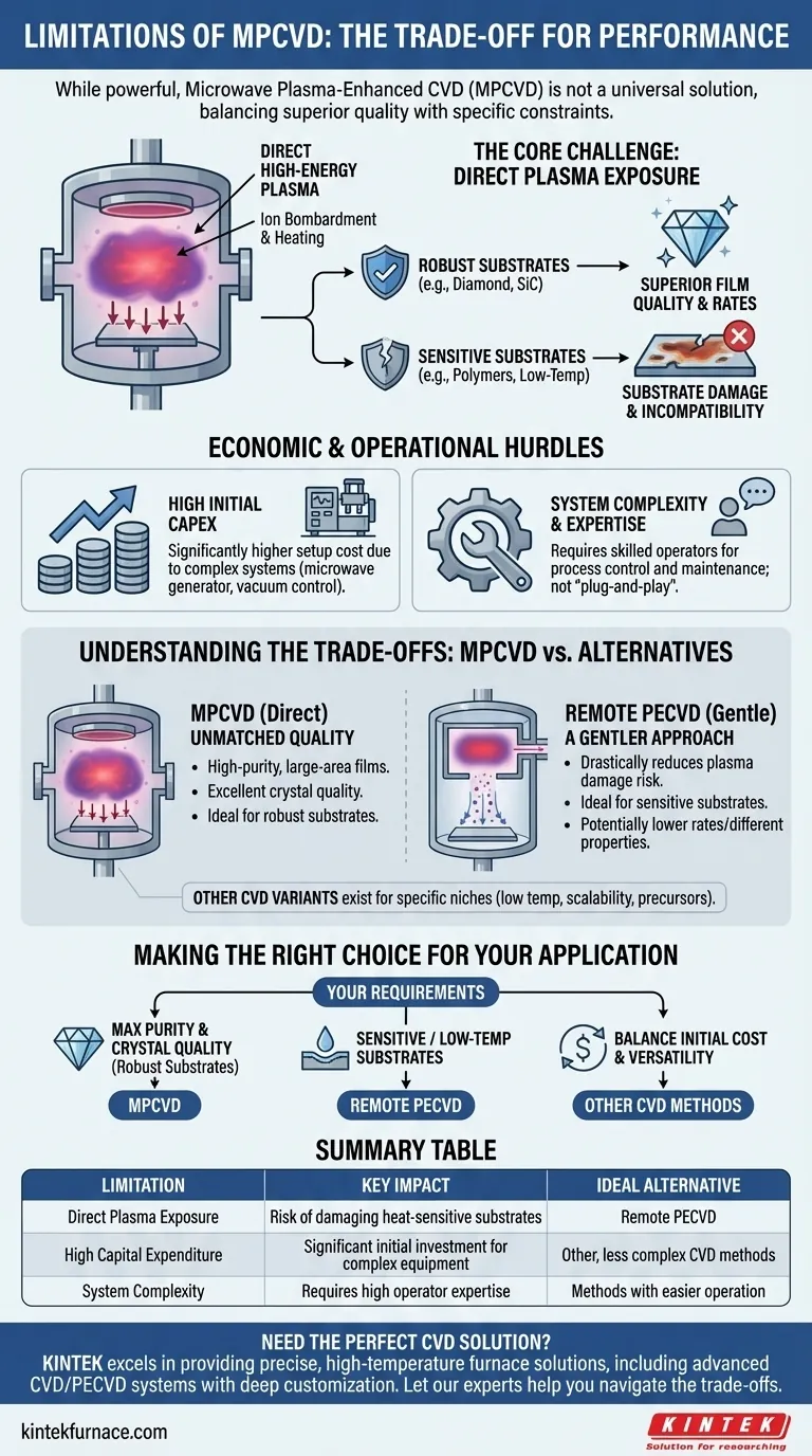 Quali sono i limiti dell'MPCVD? Bilanciare alte prestazioni con sensibilità del substrato e costi Guida Visiva