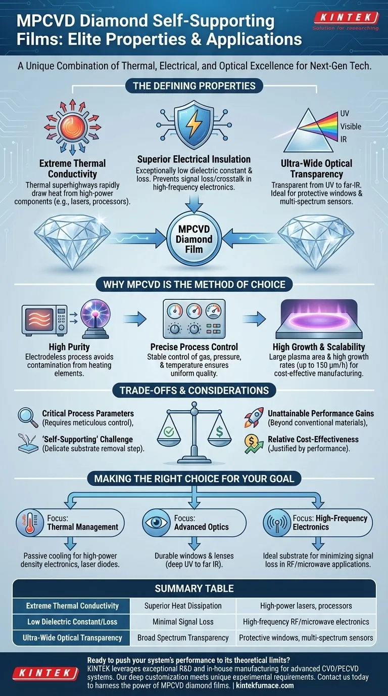 Quali sono le caratteristiche eccezionali dei film autoportanti di diamante preparati tramite MPCVD? Sblocca prestazioni termiche, elettriche e ottiche ineguagliabili Guida Visiva