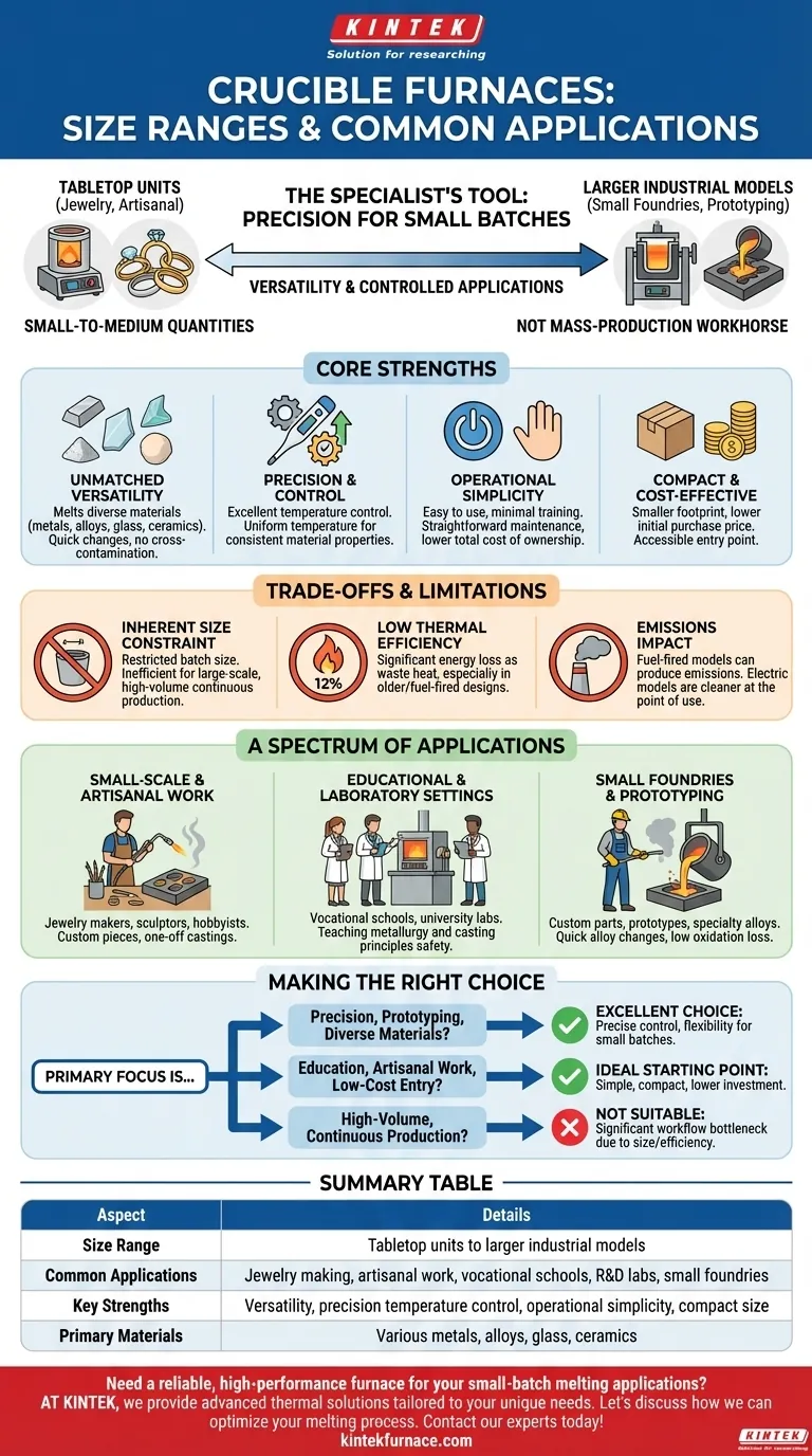 Quais são as faixas de tamanho e as aplicações comuns dos fornos de cadinho? Encontre o Ajuste Perfeito para Fusão de Pequenos Lotes Guia Visual