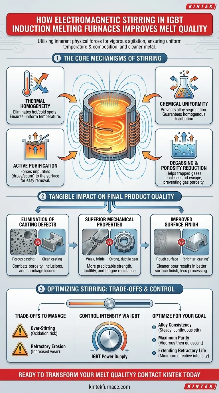 How does electromagnetic stirring in IGBT induction melting furnaces improve melt quality? Achieve Superior Metal Purity and Homogeneity Visual Guide