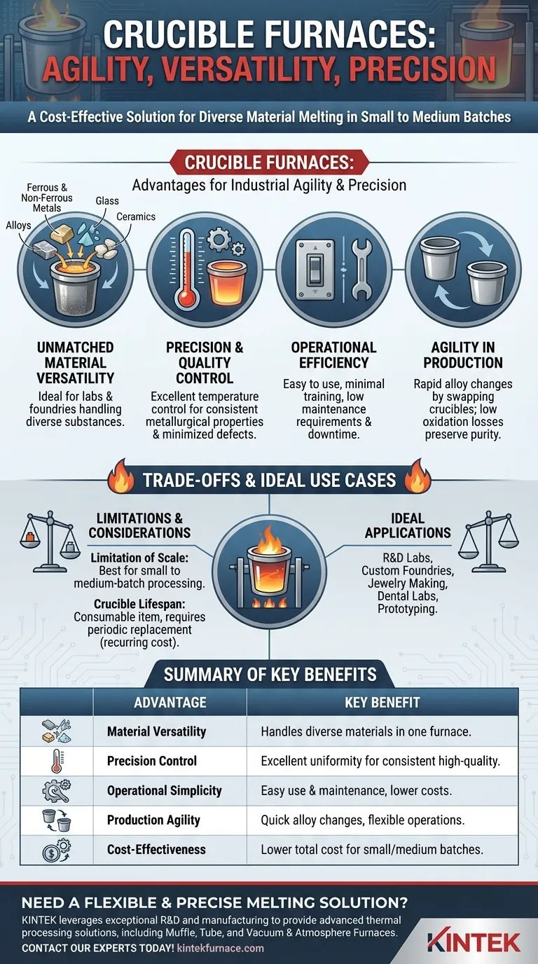 What are the main advantages of crucible furnaces? Achieve Precision & Flexibility in Small-Batch Melting Visual Guide