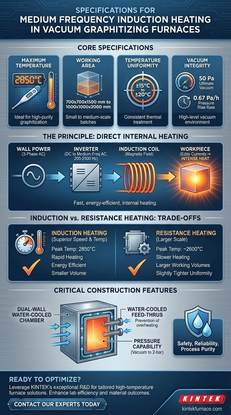 Quais são as especificações para aquecimento por indução de média frequência em fornos de grafitização a vácuo? | KINTEK Guia Visual