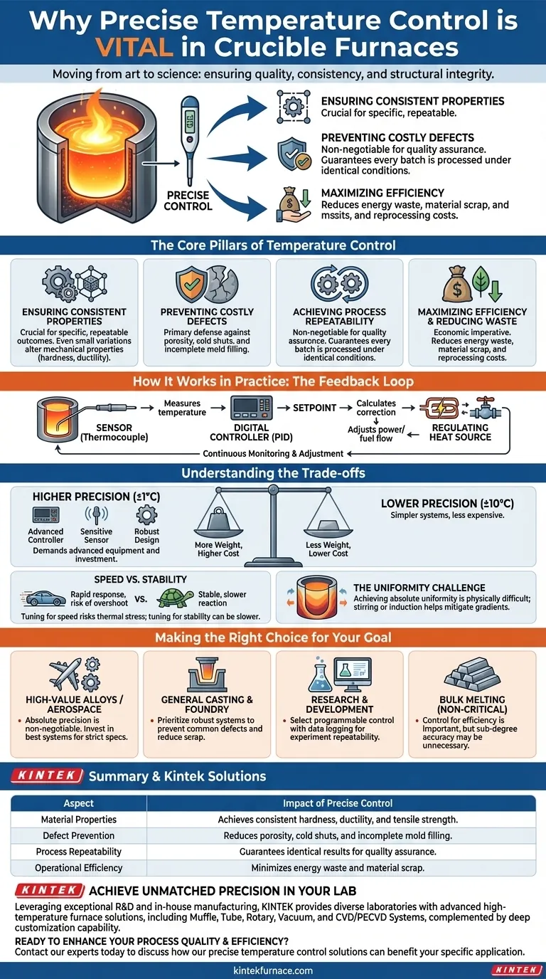 Why is precise temperature control important in crucible furnaces? Ensure Quality & Efficiency in Thermal Processing Visual Guide