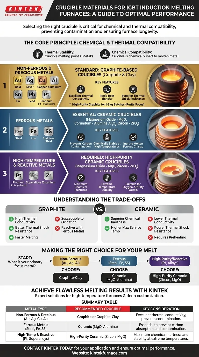 What crucible materials are used in IGBT induction melting furnaces for different metals? Select the Right Crucible for a Clean, High-Quality Melt Visual Guide