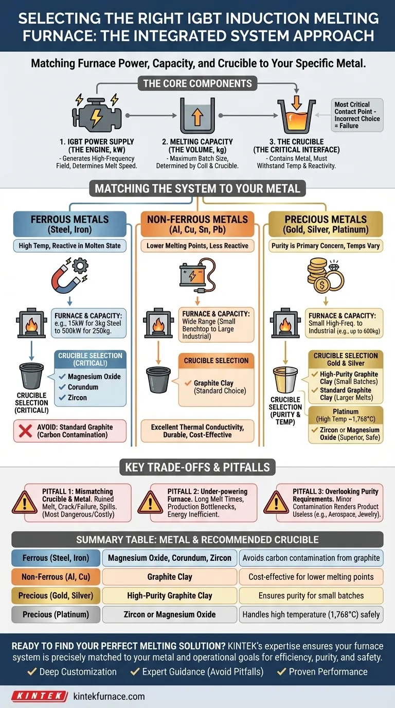 Como selecionar o forno de fusão por indução IGBT certo para metais específicos? Combine Potência, Capacidade e Cadinho Guia Visual