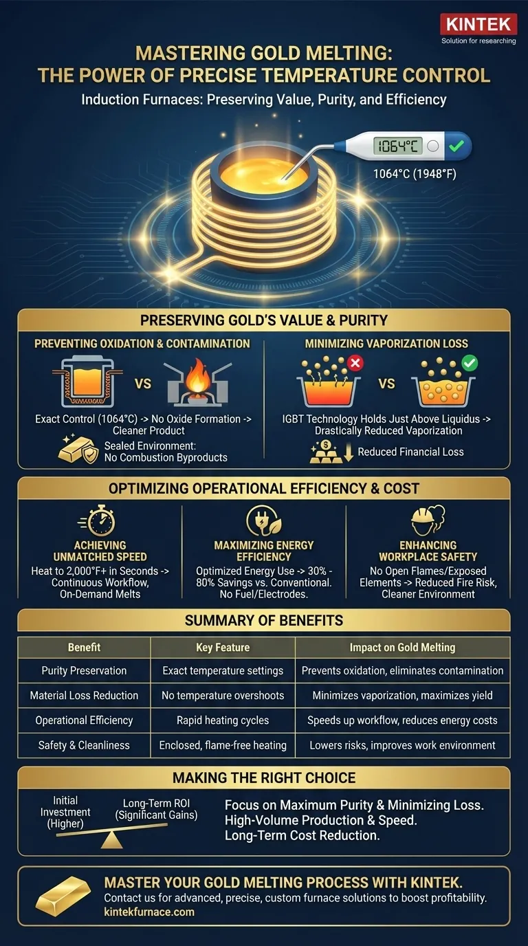 How does precise temperature control in induction furnaces benefit gold melting? Maximize Purity & Minimize Loss Visual Guide