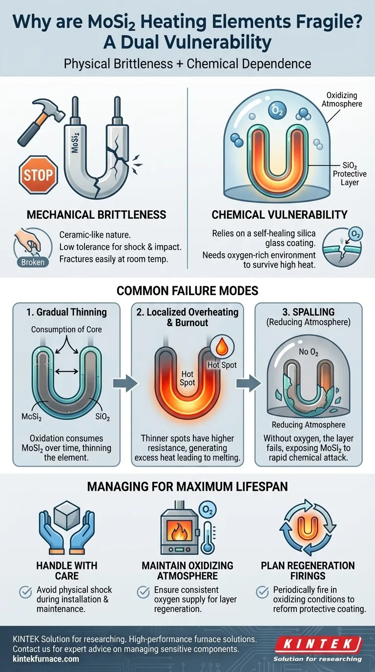 Por que os elementos de aquecimento de MoSi2 são considerados frágeis? Compreendendo a Fragilidade e a Vulnerabilidade Química Guia Visual