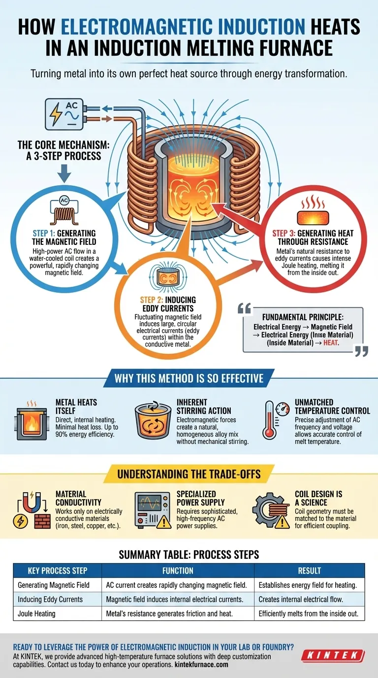 How does electromagnetic induction contribute to the heating process in an induction melting furnace? Achieve Superior Metal Melting Efficiency Visual Guide