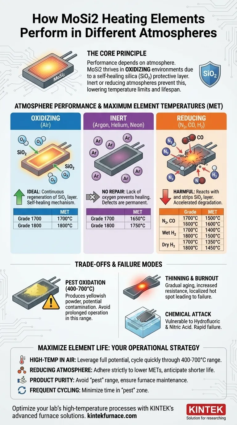 Como os elementos de MoSi2 se comportam em diferentes atmosferas? Maximize a Vida Útil e a Eficiência da Temperatura Guia Visual