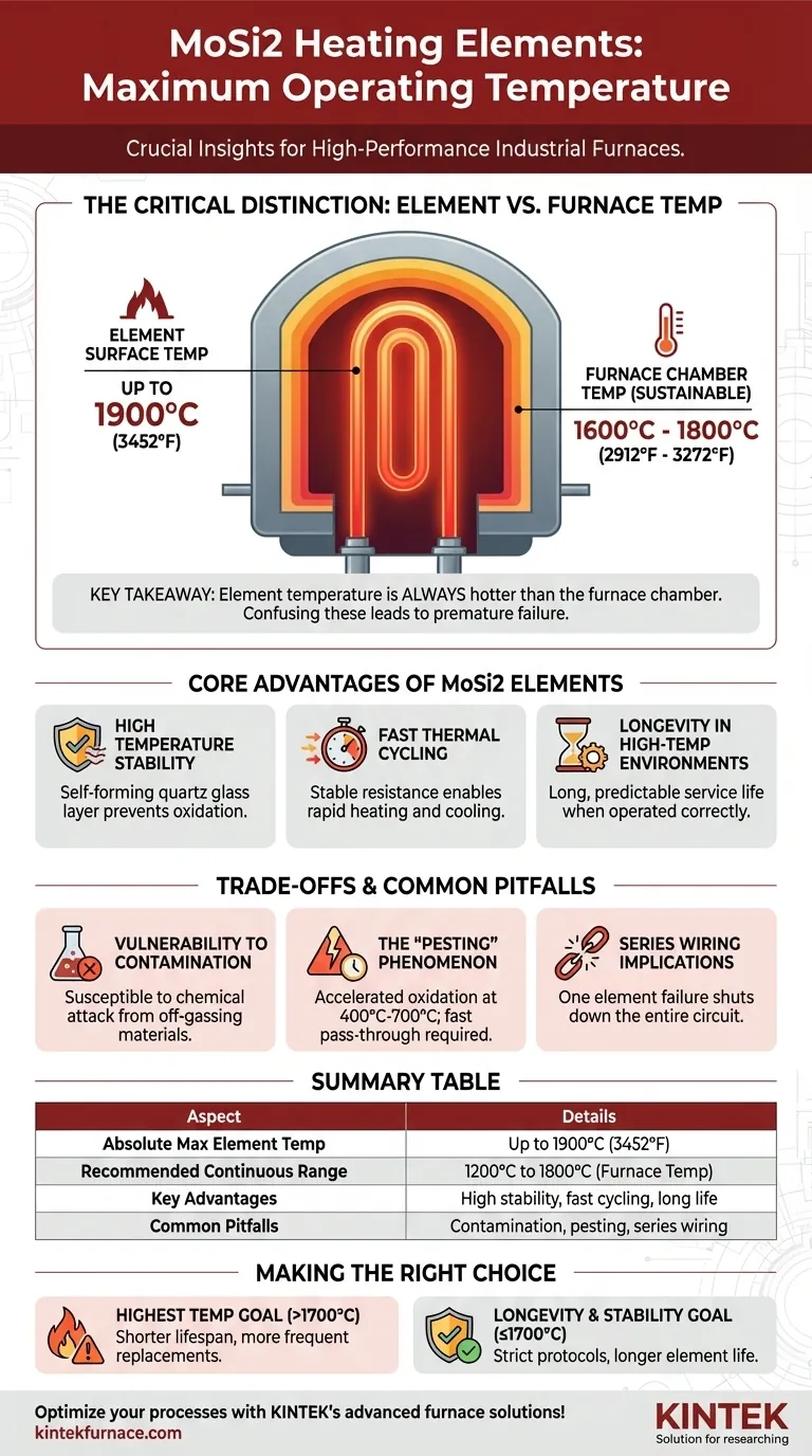 Qual é a temperatura máxima de operação dos elementos de aquecimento de MoSi2? Desbloqueie o Desempenho e a Longevidade em Altas Temperaturas Guia Visual