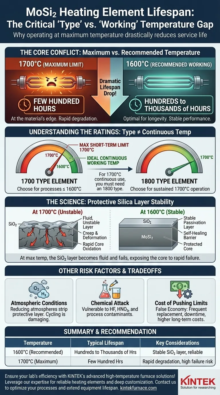 What is the typical lifespan of 1700 type MoSi2 heating elements at different temperatures? Maximize Element Longevity Visual Guide