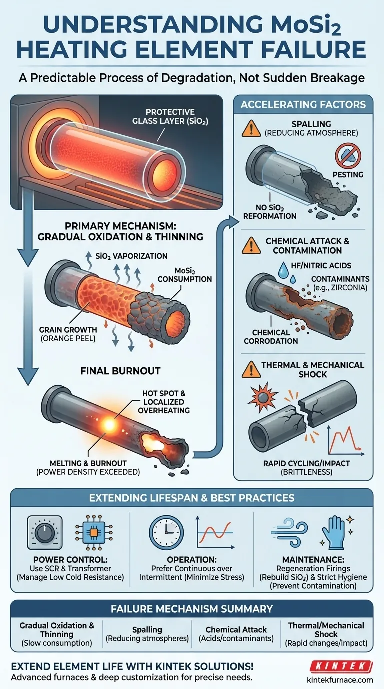 How do MoSi2 heating elements typically fail? Understand the gradual degradation process Visual Guide